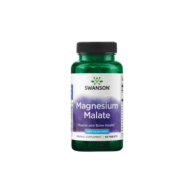 Swanson Magnesium Malate dietary supplement offers 60 green tablets for muscle and bone health, with 150 mg per tablet to support enzyme reactions.